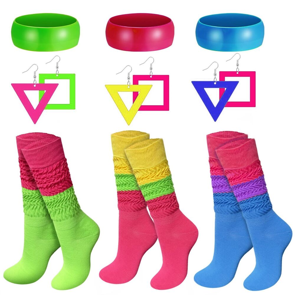 5379 9pcs 80s Accessoriess For Women, Neon Slouch Socks